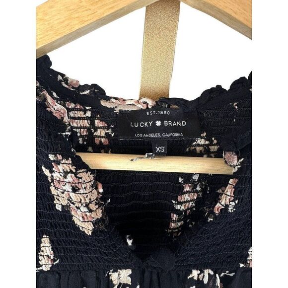 Lucky Brand Semi Sheer Floral Smocked Long Sleeve V-Neck Black Top Sz XS EUC - Picture 2 of 9